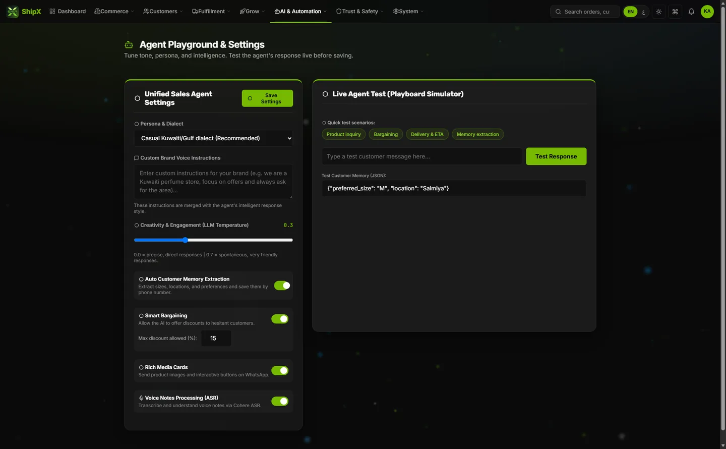 ShipX: the agent playground and settings